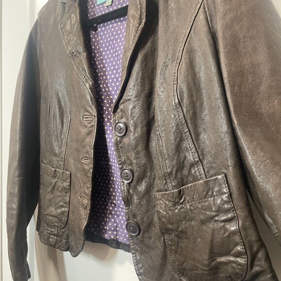 Boden Brown Leather Jacket Size 4 with Purple Polka Dot Lining - Picture 3 of 7